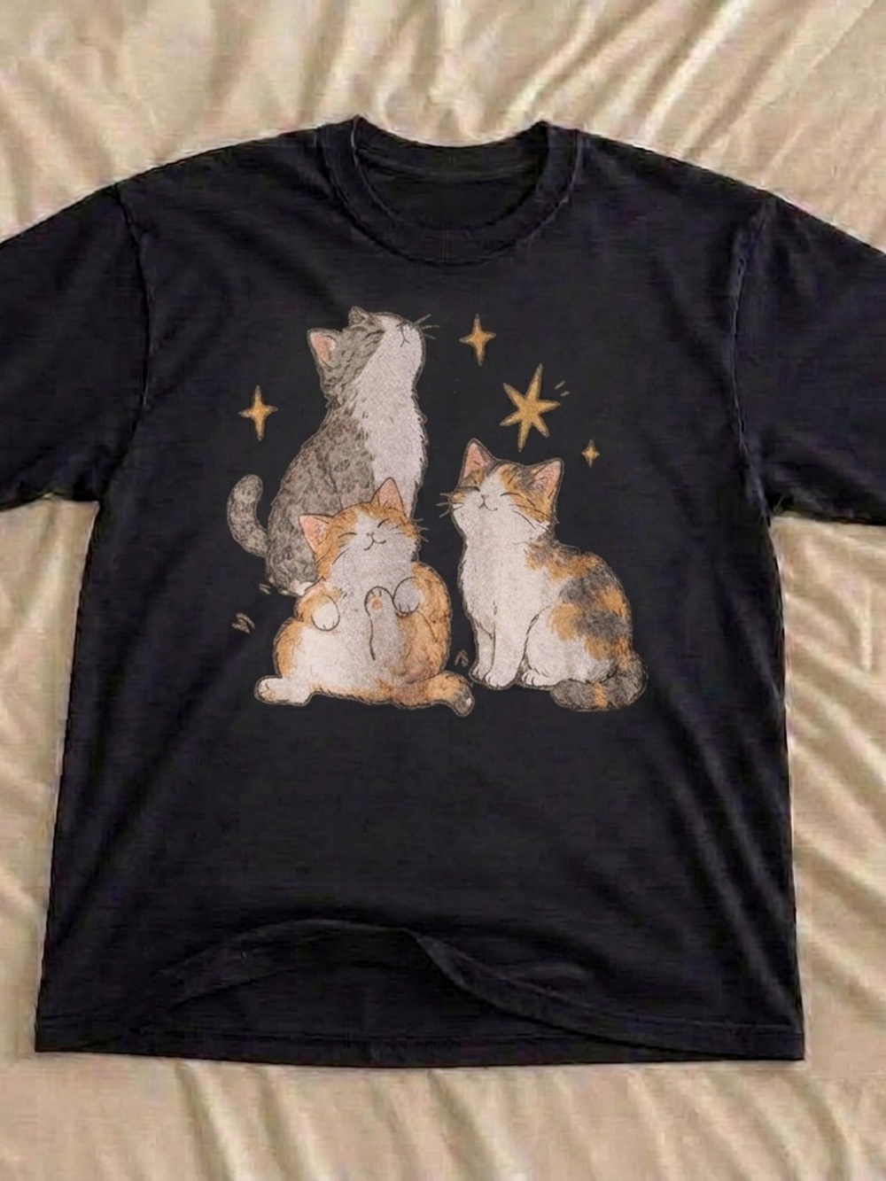 Three Cats Under Stars Shirt,  Cute Animal Graphic Tee - Unbranded Unisex Black
